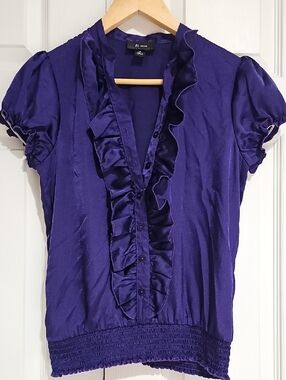 ✨ B-Wear Purple Ruffle Blouse | Satin-Look Button Front Top ✨
